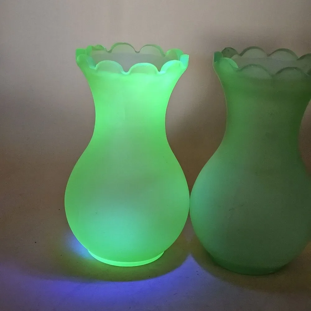 Vintage Viking Glass Frosted Green Uranium Glass Vases 6.25